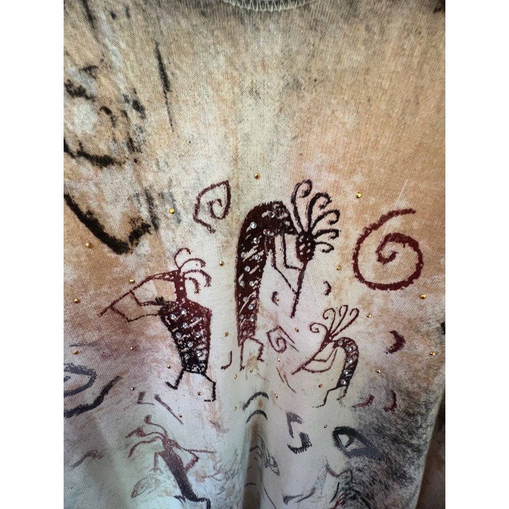 Cactus Bay Womens XL Kokopelli Petroglyph Top Rhinestone Cotton Southwest Tan - Picture 4 of 8